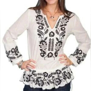 Scully Women’s Boho Western Embroidered Cotton Ruffle Blouse White Black‎ S EUC